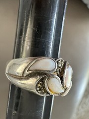 Vtg Sterling Silver Cluster Marcasite Abalone Ring Sz 7.5