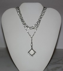 Antique Vintage Sterling Silver open-back faceted Crystal Chain Necklace Fob 63″