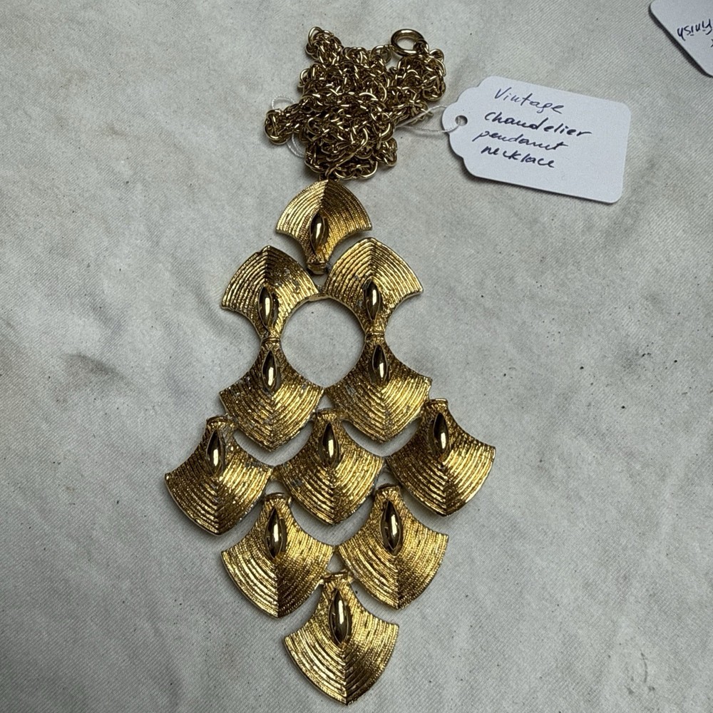 Vintage Gold ToneStatementPendant Necklace Large Abstract Geometric Runway Style