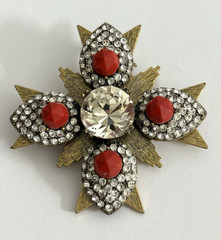 Vintage J. Crew Brooch Gold Tone Maltese Cross Brulee Crystal Clear Rhinestone