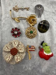 Vintage Brooch Lot Mixed Metals Flower Teacher Stone Newton College Flag
