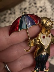 Vintage Green Blue Red White Enamel Gold Tone CLOWN With UMBRELLA Brooch Pin