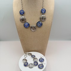 Vintage 90s Silver Tone Blue Flower Glass Cabochon Classic Fashion Jewelry Set