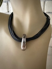 STERLING SILVER MULTI ROW LEATHER CORD MODERNIST NECKLACE SLIDING PENDANT 16″