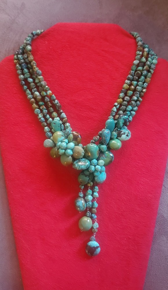 Vtg Soms 4 Strand & Lg Turquoise Nuggets Bib Necklace 925 Sterling Silver Clasp