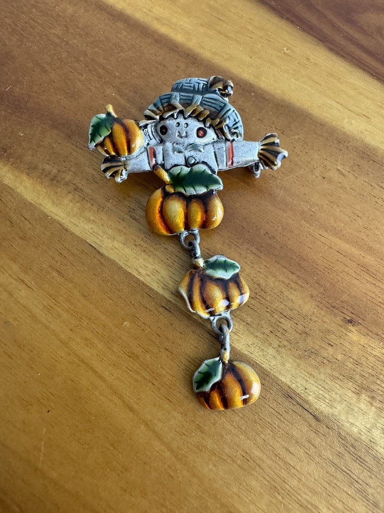 Vintage Scarecrow Pumpkin Dangle Multicolor Brooch Pin