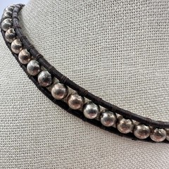 Vintage 90s Choker Necklace Silver Tone Ball Bead Brown Leather Boho Jewelry Y2K