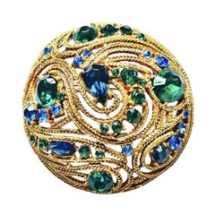 VTG La Roco DOMED BROOCH Blue Green Faceted Stones Braided Goldtone MCM Peacock