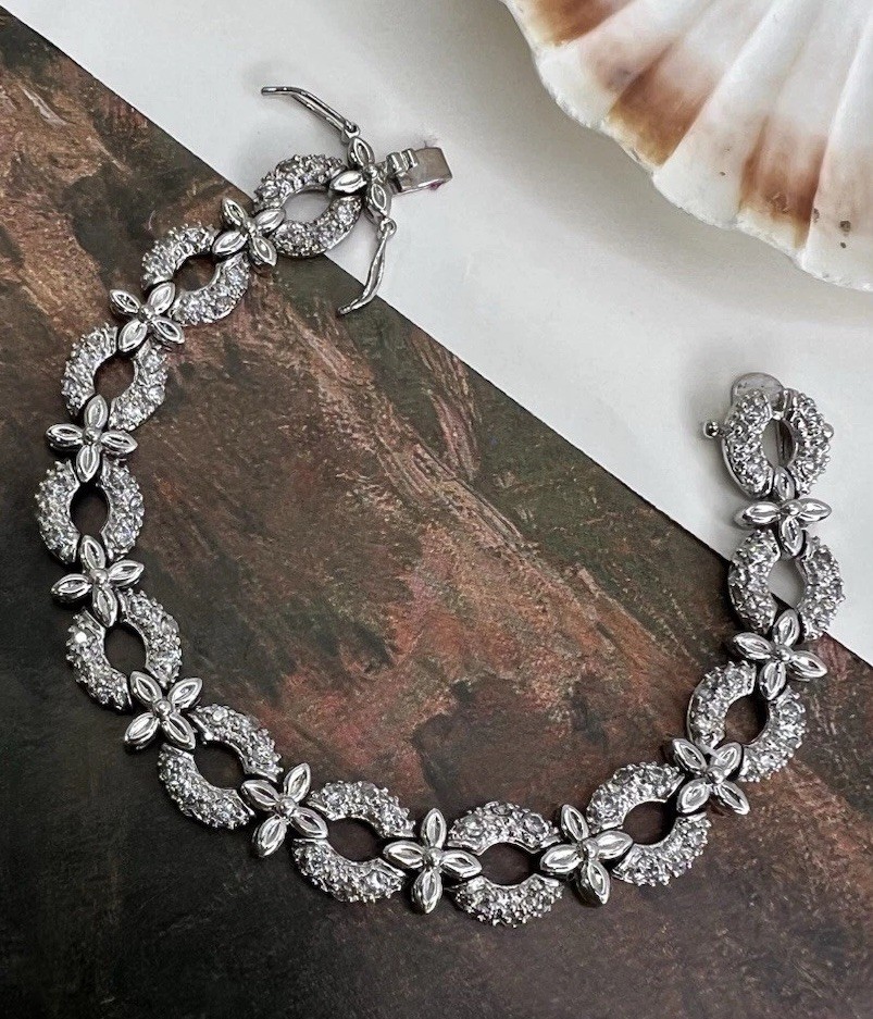 FAS STERLING SILVER 925 & CRYSTAL LINK BRACELET JEWELRY SAFETY CLASP 7.5” 🩶