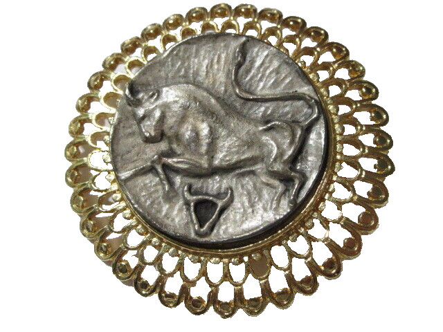 PIN PEWTER & GOLD PLATED METAL FILIGREE DESIGNER STYLE TAURUS THE BULL HOROSCOPE