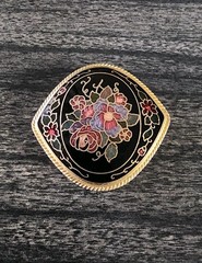 Cloisonné enamel Bolo Tie Slide Floral Black Red Green Blue 2″ Vintage