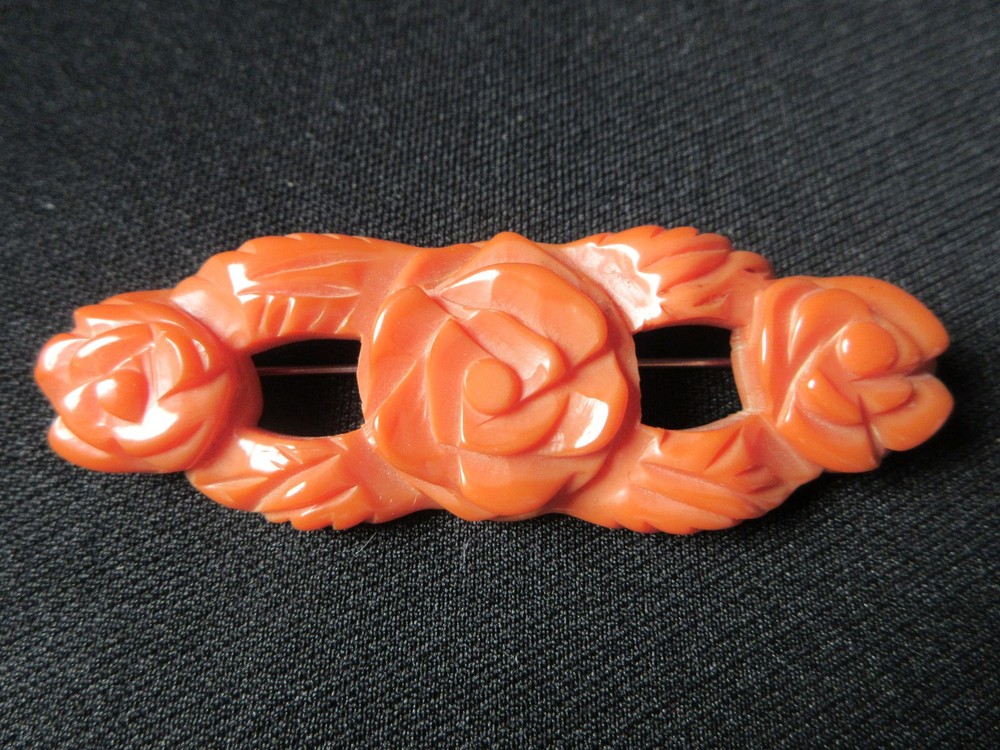Reddish Orange Rose Bakelite Brooch 3 1/8″ ~YGF