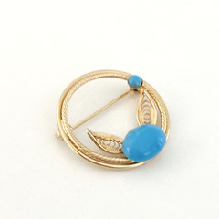 Vintage Gold Tone Blue Sleeping Beauty Glass Cabochon Filigree Round Brooch Pin