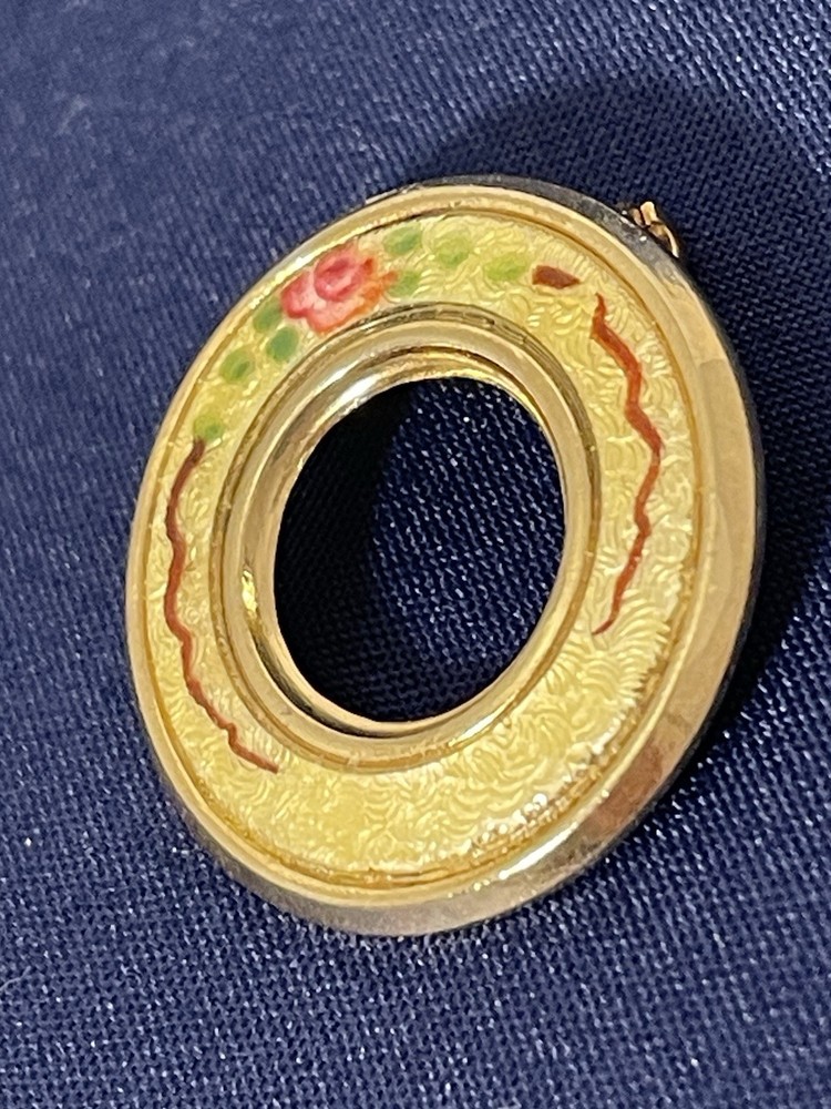 Vintage Art Deco Nouveau Yellow Guilloche Enamel Circle Brooch Hand Painted