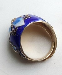 Vtg Antique Chinese Export Silver Gilt Blue Enamel Cloisonne Flower Dome Ring