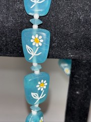 Mid-century Beaded Necklace Inset Daisy Flower Aqua Blue Beads Vintage Hong Kong