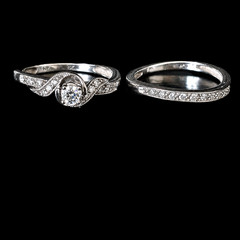 Vintage Ring Set Diamonds 10k White Gold Engagement Ring Wedding Band Retro Gift