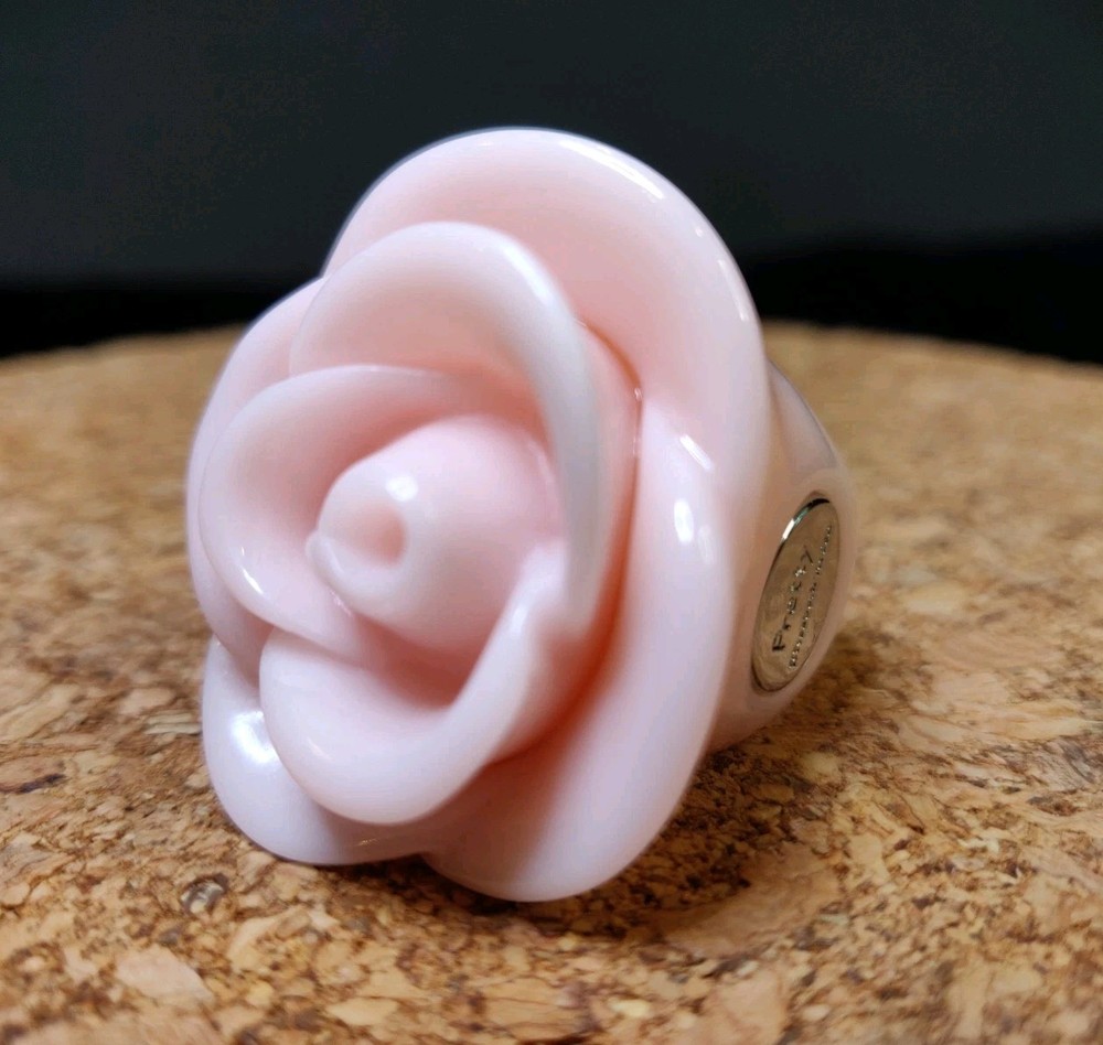 Rare Vtg Signed Elizabeth Arden “Pretty” Large Pink Rose Ring Size 8 Silver Tone