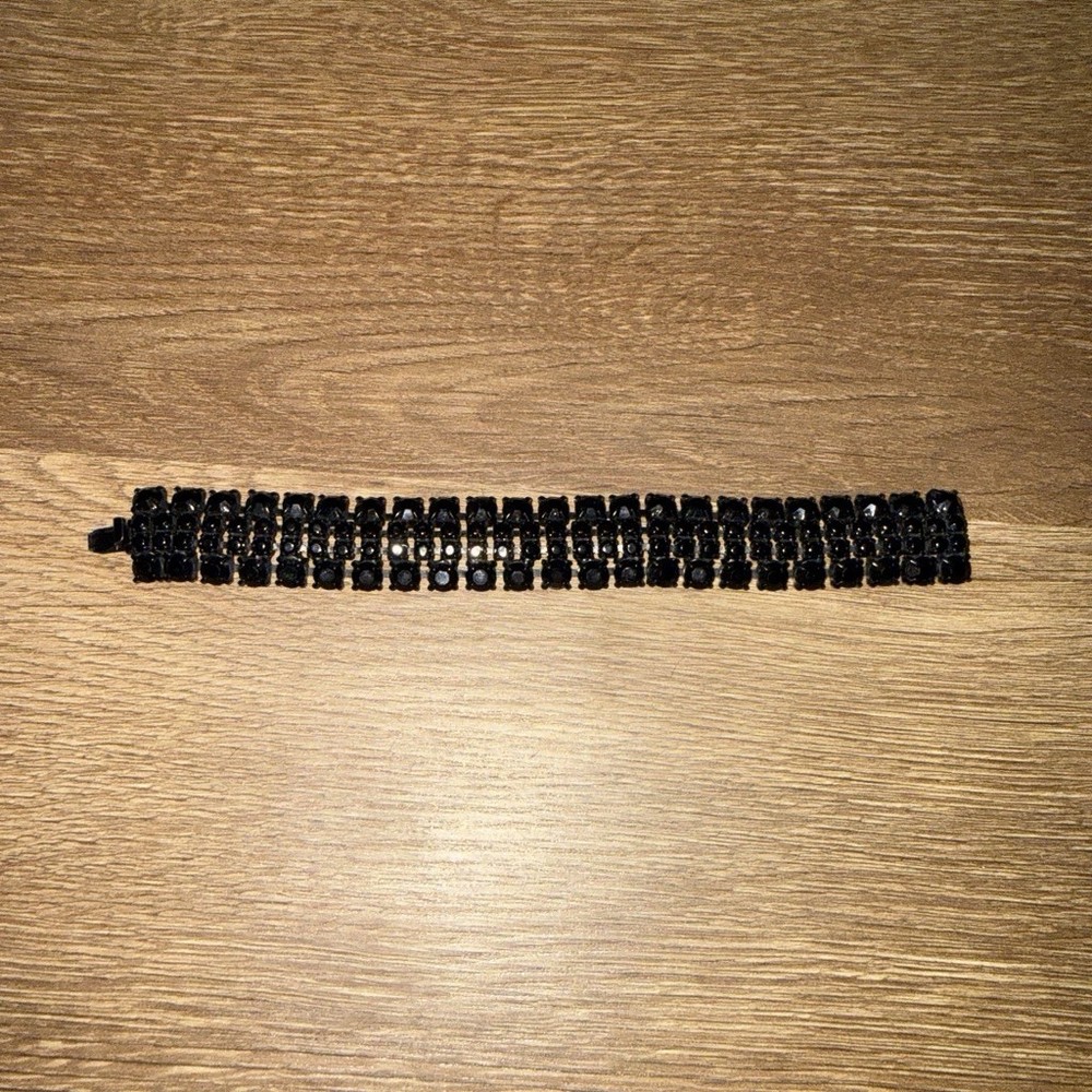 Vintage Rare Signed Weiss Jet Black Rhinestone Bracelet 5 Row Retro Art Deco
