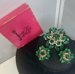 Vtg Judy Lee Green Marquise Rhinestone Starburst Flower Gold Tone Demi Parure