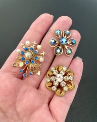 Vintage Lot Of 3 AB Aurora Borealis Rhinestone Gold Tone Pin Brooch Small Flower