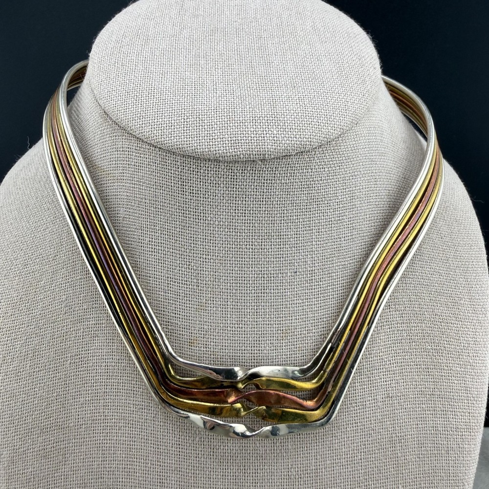 Vintage Torque Collar Necklace Multi Tone Metal Wire Choker Egyptian Revival 14”