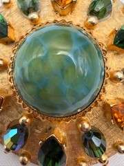 Vintage Accessocraft Brooch Pendant Green Gold Rhinestone Gold Tone Sunburst