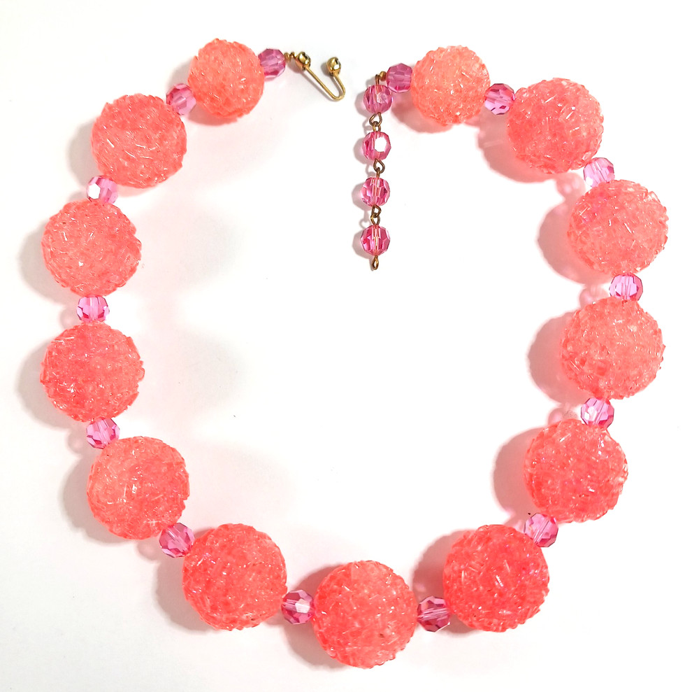 Bright Pink Orange Lucite Textured Ball Beaded Necklace ~ Marvella ~ 16 inch