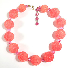 Bright Pink Orange Lucite Textured Ball Beaded Necklace ~ Marvella ~ 16 inch