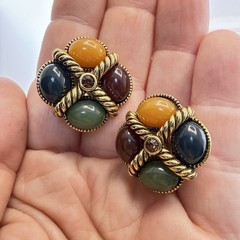 Vintage Joan Rivers Earrings Cable Multi Gem Cabochon Imitation Jade CLIP ON
