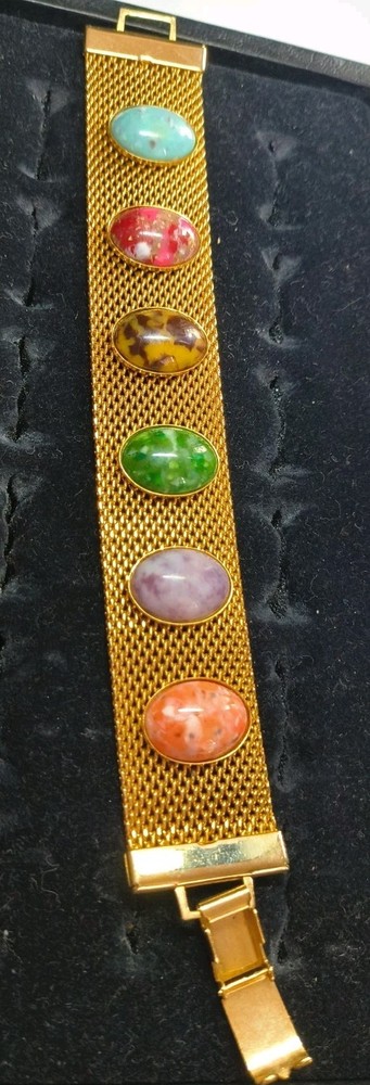 Sarah Coventry Vintage Gold Tone Mesh Bracelet W/ Multi-Color Cabochons