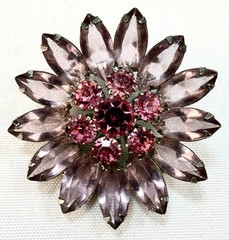 Vtg Purple Lavender Pink Rhinestone Flower Brooch Pin Marquise Cut Silver