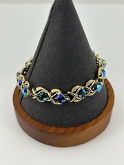 Vintage Iridescent Blue Peacock Oil Slick Rhinestones Gold Tone Bracelet Size 7