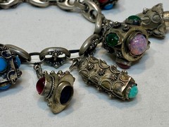Italian Etruscan Revival 800 Silver Fob Charm Bracelet Semi Precious Stones