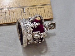 VINTAGE SILVER PLATE CROWN CHARM RED MATERIAL & SILVER 1 1/8″ MINIATURE CROWN