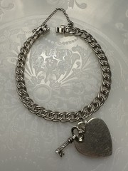 Vintage Sterling Silver Double Link Charm Bracelet Charms Heart Key 7 1/2” Love