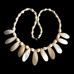 Mid Century Retro Carved Mother Of Pearl Tiki Pin Girl Up Fringe Necklace 25″