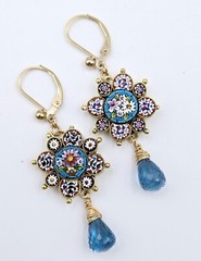 Micro Mosaic Earrings London Blue Topaz Antique Italy 14K Gold Filled