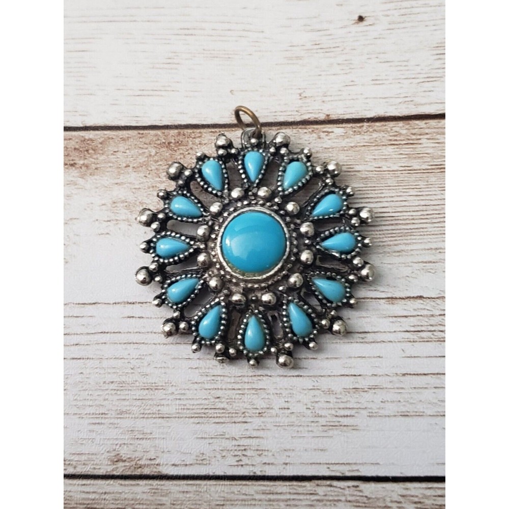 Vintage Pendant Silver Tone & Turquoise Tone 1.5″ – No Chain Included