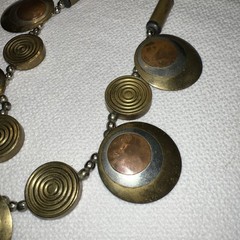 VTG Modernist Mixed Metal Necklace Brass Copper Disc Statement MCM 21”