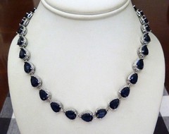 PRONG-SET SAPPHIRE BLUE PEAR SHAPED GLASS SILVER RHODIUM PLATED CLASSIC NECKLACE