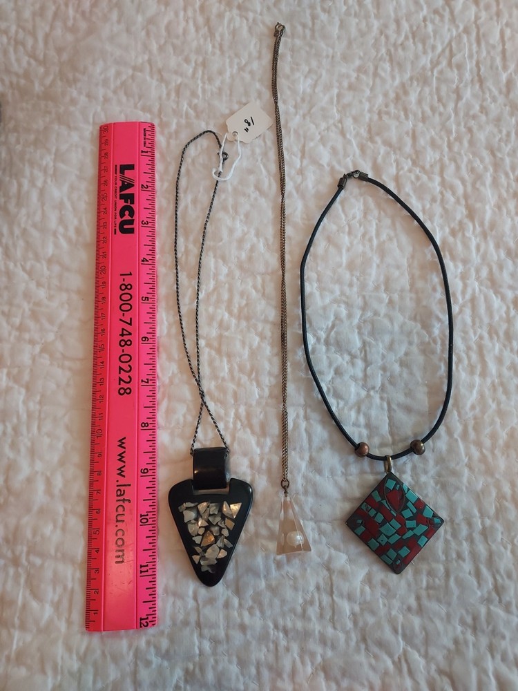 Lot Of 3 Vintage Necklaces Lucite Mica inside Bakelite? Pearl Metal paint mosiac