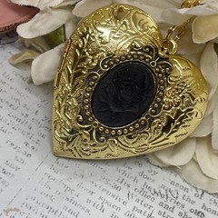 Gold Heart Locket GothIc Anniversary Wedding Witch Black Rose Cameo Necklace