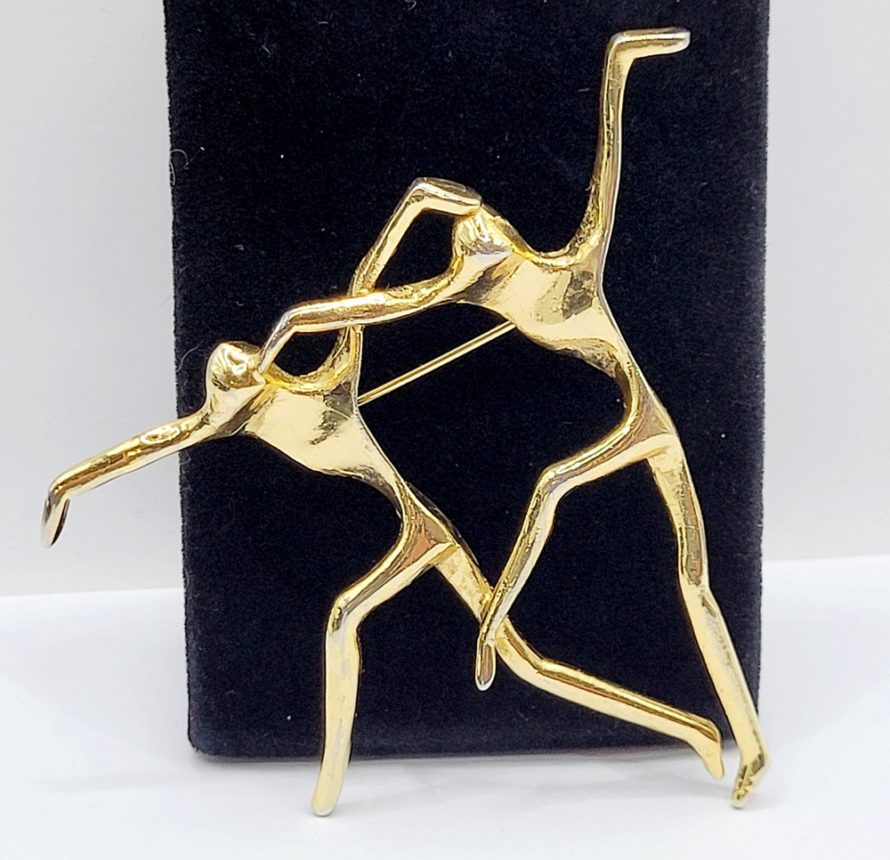 Modernist Style Contemporary Dancers Gold Tone Large Brooch Pin Vintage 1980s