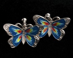 Vintage Silver Butterfly Earrings Hand-Painted Screw-Post Back Non-Pierced Ears