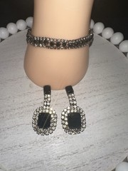 Vintage Clear Black Rhinestone Bracelet Clip-On Earrings Set Emerald Cut Costume