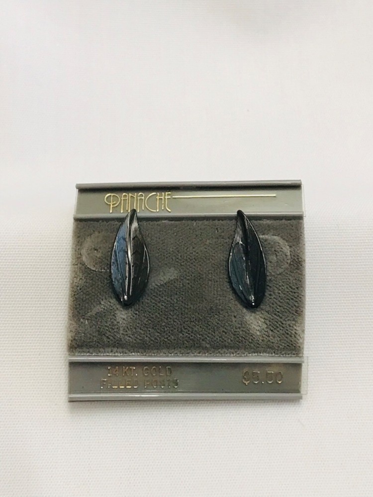 Vintage Panache Black Textured Leaf Earrings 14k GF Posts 7/8” Leaves New