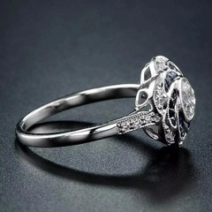 Art Deco Style Lab Created Diamond Pretty Flower Shape 925 Silver Wedding Ring