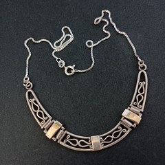 Ethnic Revival Sterling Silver Bib Necklace Israeli Artisan Gold Accent Scroll