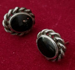 Vintage Sterling Silver and Black Onyx Braided Stud Post Earrings Estate Jewelry